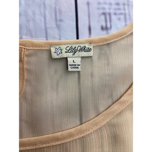 Lily White Blouse Top Womens L Sheer Chiffon Lace Keyhole 3/4 Sleeves Layering - Picture 5 of 10